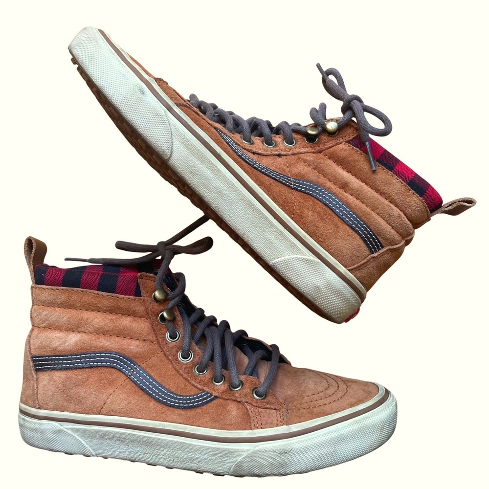 VANS Sk8-Hi MTE Scotchgard Mens 6.5, womens 8 Brown Suede red Plaid‎ Lumberjack